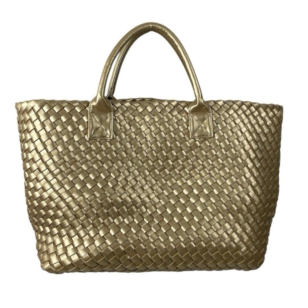 Women's Gold Metallic With Pouch Woven Shoulder Cabat Beach Tote Handbag OS